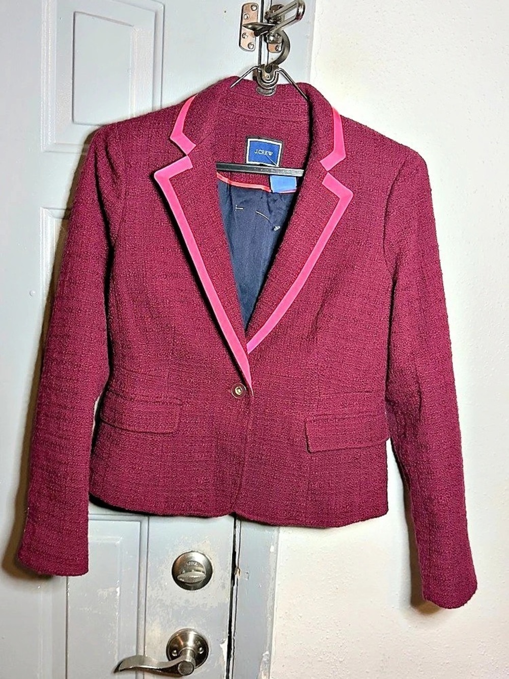 J.Crew Collection Schoolboy Blazer in Tweed with Neon Piping Purple & Pink Size